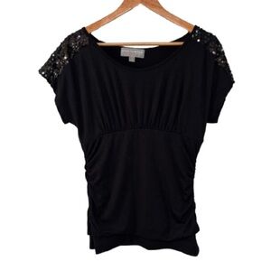 Vanity Y2K Black Sequin Shoulder Scoop Neck Rouched Top Size S